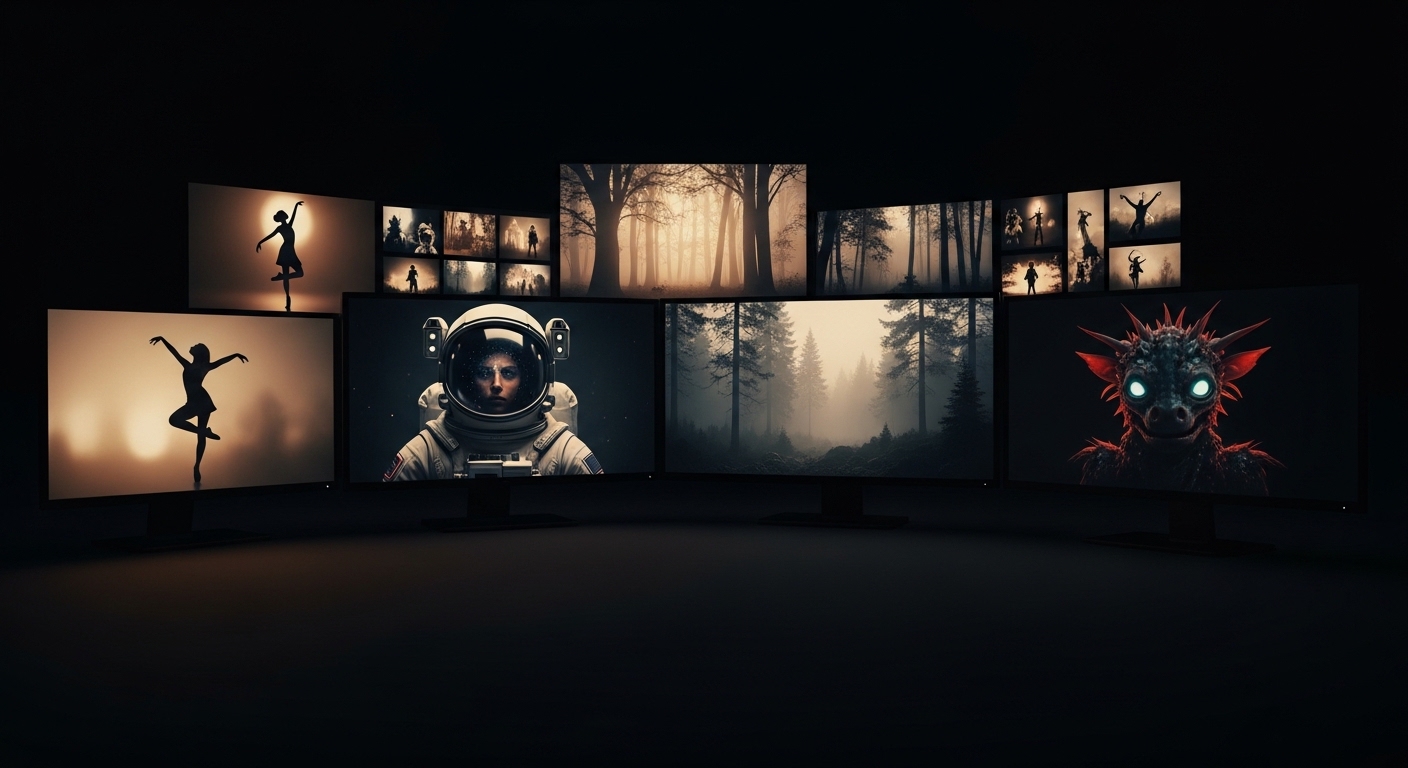 Multiple monitors displaying different AI-generated video outputs in a dark cinematic studio