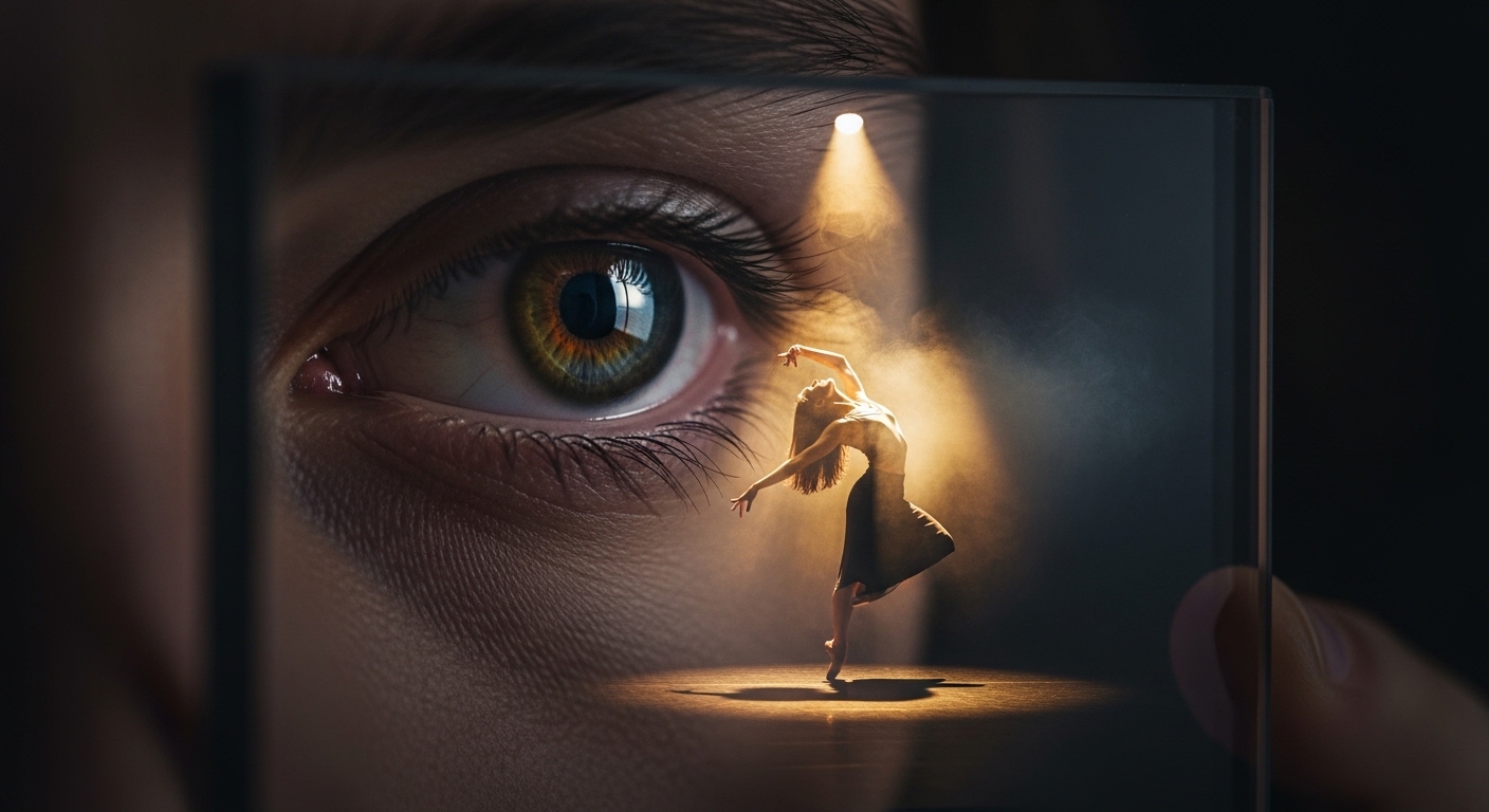A writer's eye reflected in glass, behind it a cinematic dancer on a golden-lit stage